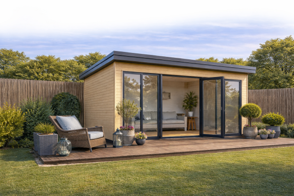 Modern garden room in sunlight